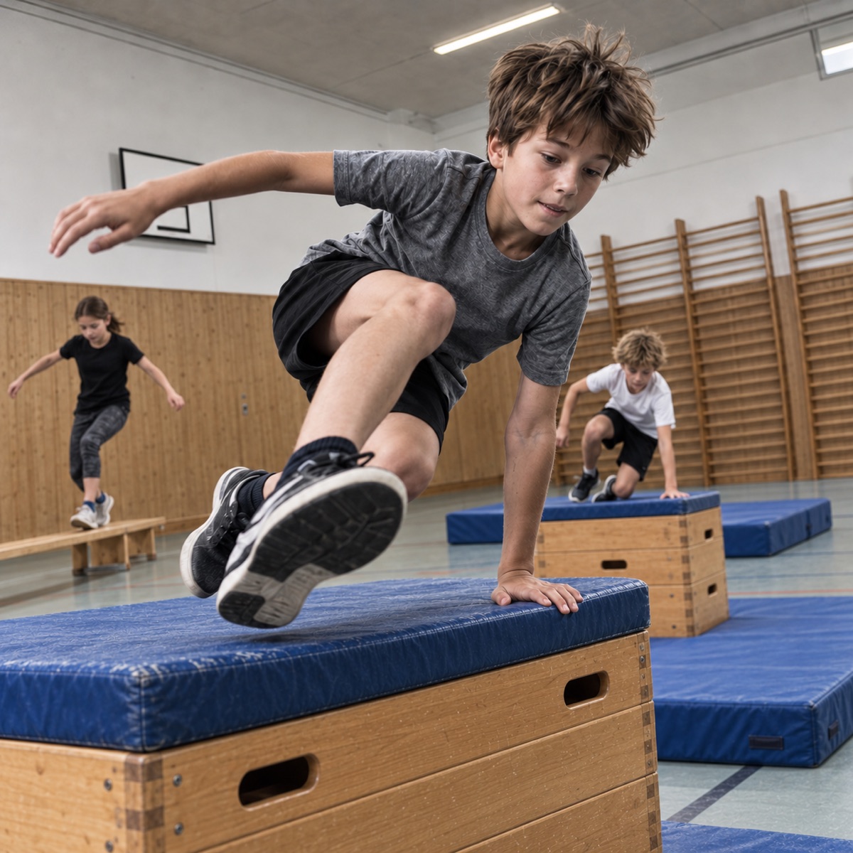 Kind springt im Parkour Training über einen Kasten in der Turnhalle (KI-generiertes Bild)
